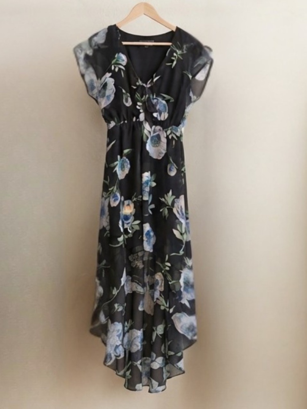 Suzy Shier Black Floral Chiffon High-Low Dress (XS)